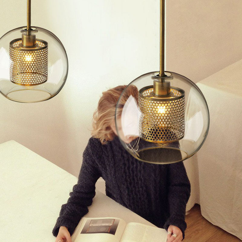 Modern Glass Pendant Lamp with Geometric Design and Mesh Guard