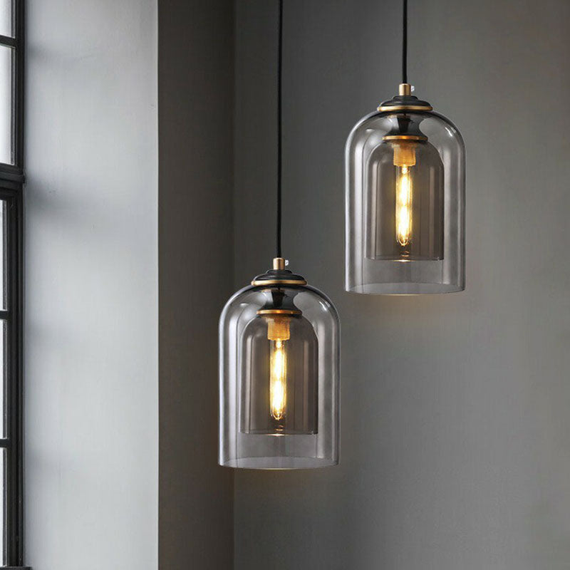 Postmodern Bedroom Hanging Lamp with Double Cloche Glass Shade - 1 Bulb Ceiling Light
