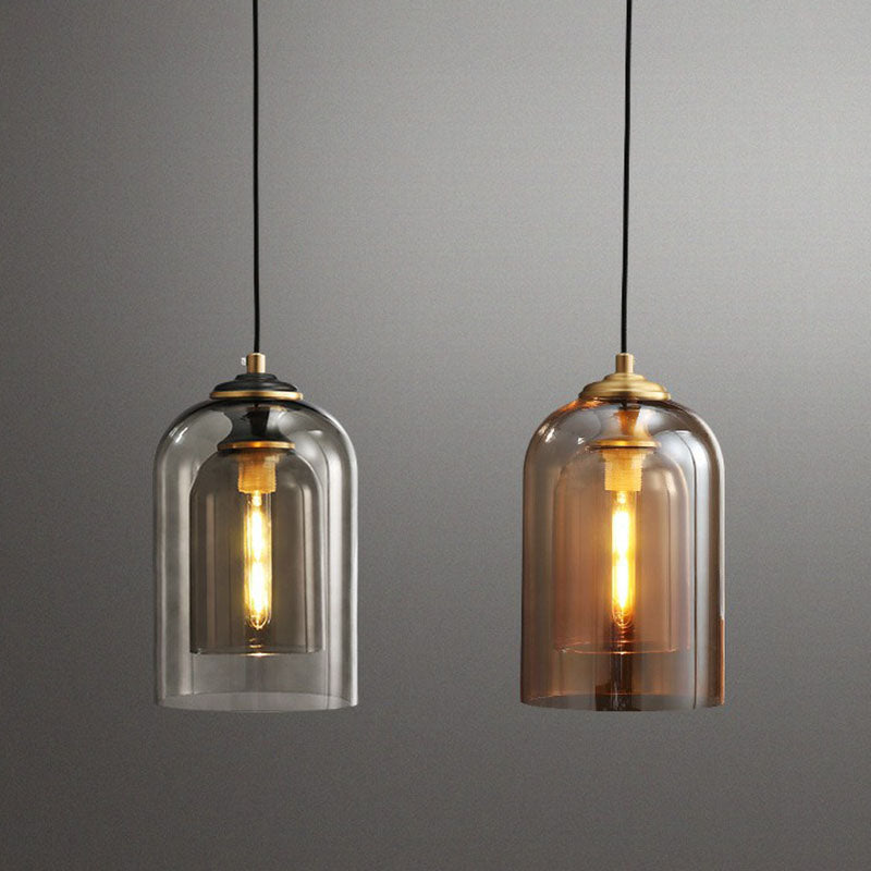 Postmodern Bedroom Hanging Lamp with Double Cloche Glass Shade - 1 Bulb Ceiling Light