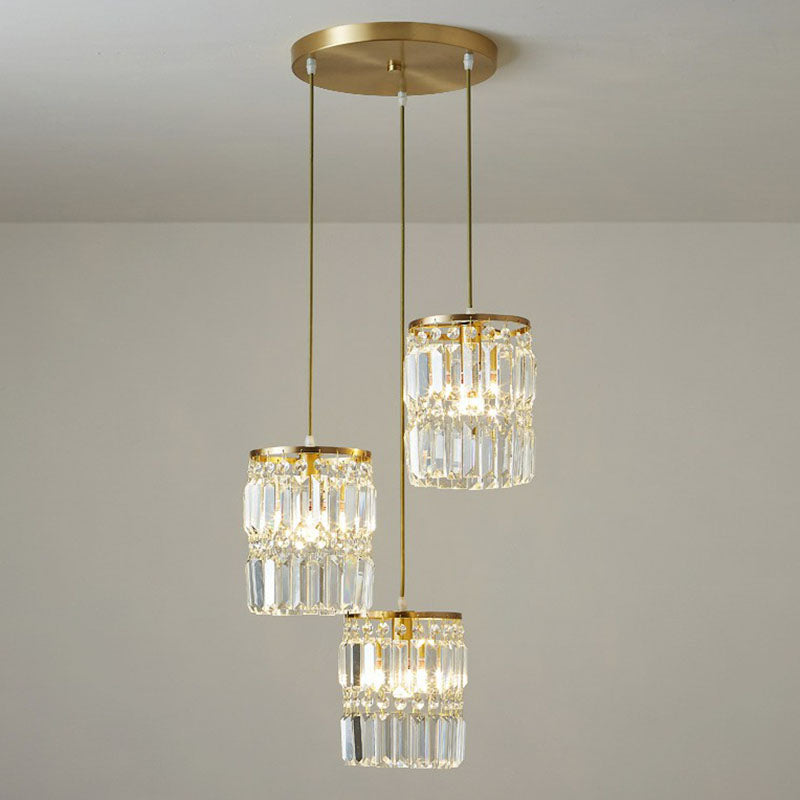Postmodern Gold Pendant Lamp with 3 Cylinder Crystal Prisms