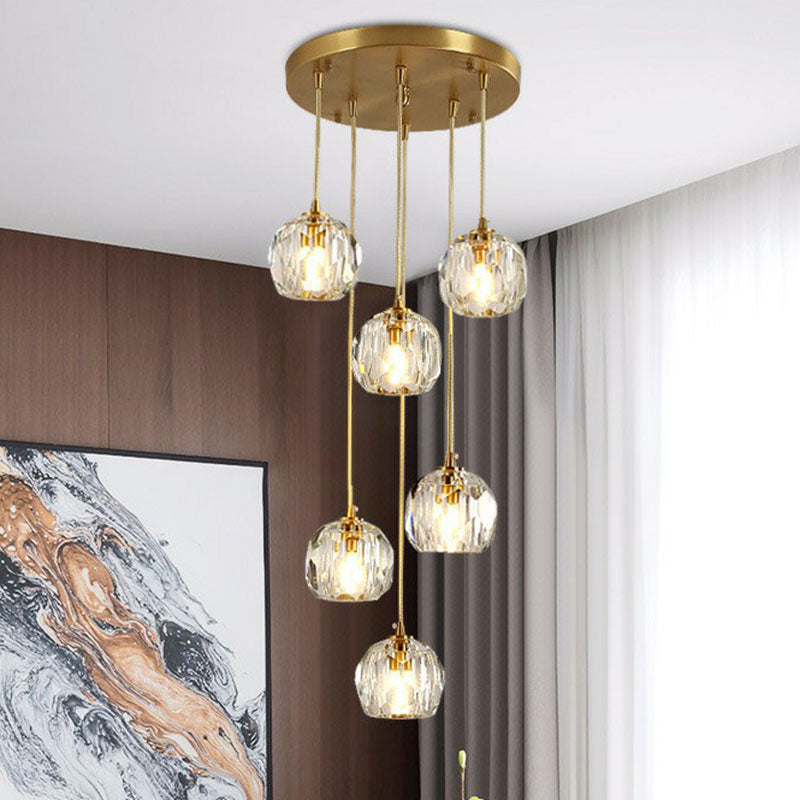 Postmodern Gold K9 Crystal Cluster Pendant Light - Elegant Hanging Lamp for Stairway