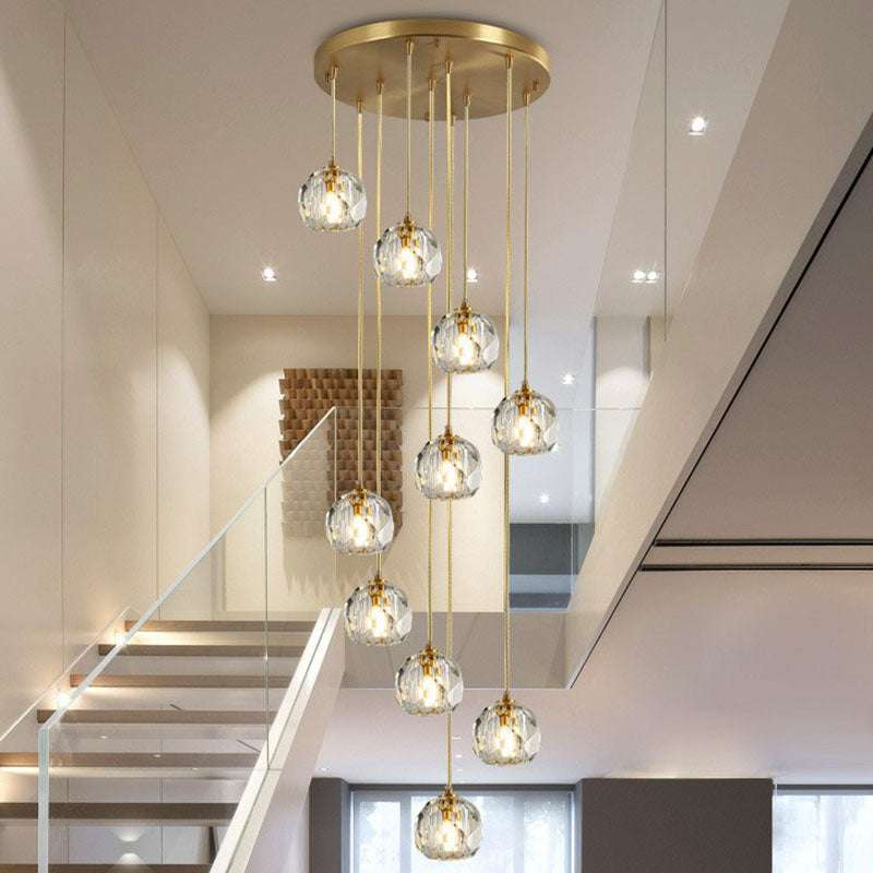 Postmodern Gold K9 Crystal Cluster Pendant Light - Elegant Hanging Lamp for Stairway