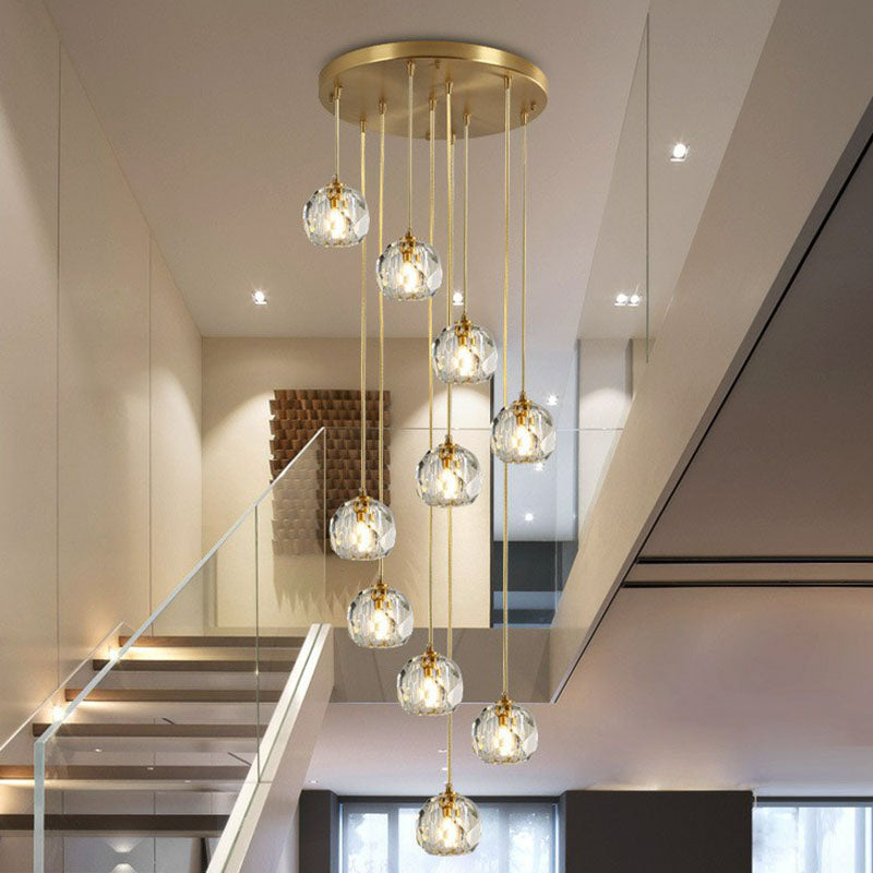 Postmodern Gold K9 Crystal Cluster Pendant Light - Elegant Hanging Lamp for Stairway