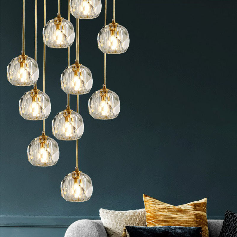 Postmodern Gold K9 Crystal Cluster Pendant Light - Elegant Hanging Lamp for Stairway