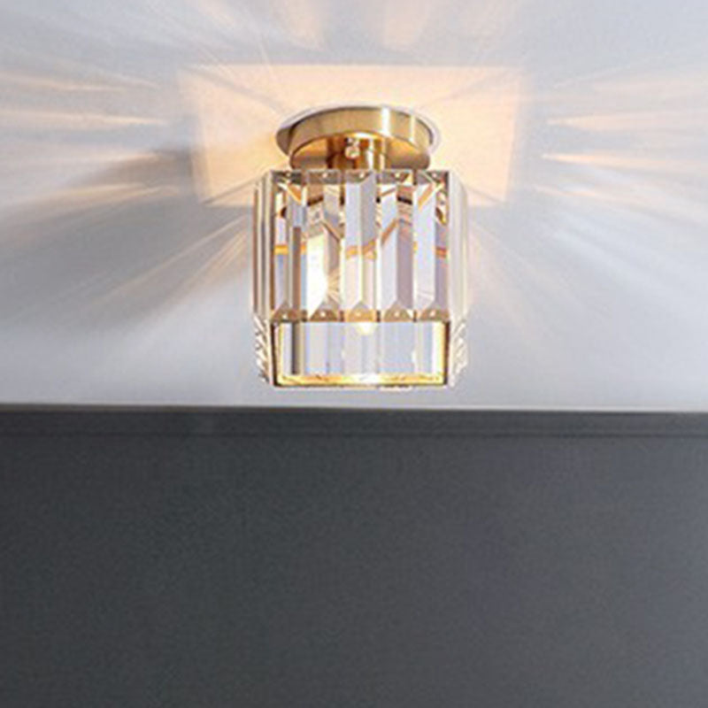 Golden Crystal Prism Semi Flush Mount Light for Foyer with Simple Style