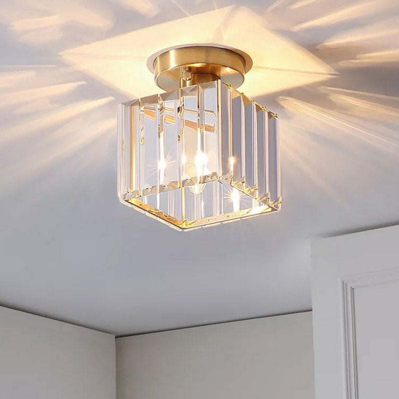 Golden Crystal Prism Semi Flush Mount Light for Foyer with Simple Style