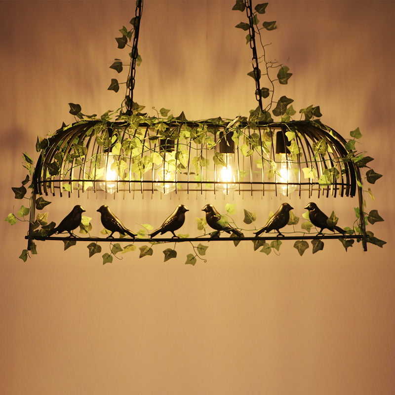 Suspension en forme de cage à oiseaux en fer antique avec lierre artificiel vert - Parfait pour un lustre d'îlot de restaurant