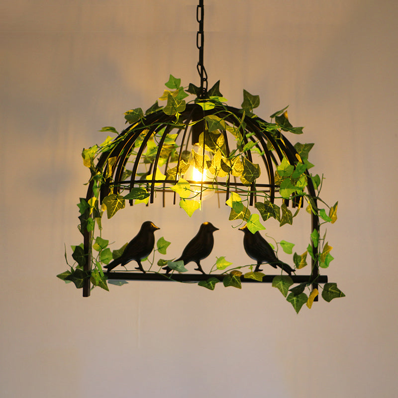 Suspension en forme de cage à oiseaux en fer antique avec lierre artificiel vert - Parfait pour un lustre d'îlot de restaurant