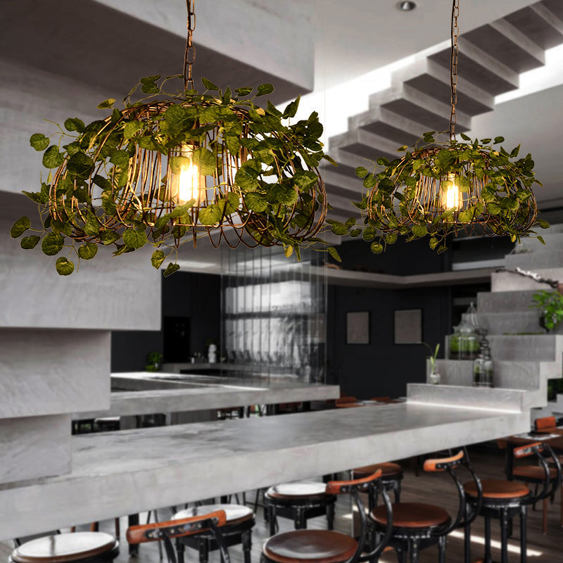 Iron Pendant Ceiling Light with Retro Bird Nest Design and Green Decorative Ivy – Single Suspension Lighting