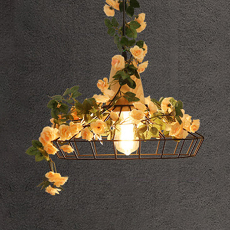 Vintage Caged Hanging Lamp 1-Light Iron Pendant With Artificial Orange Pink Rose