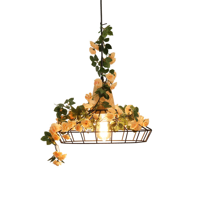 Vintage Caged Hanging Lamp 1-Light Iron Pendant With Artificial Orange Pink Rose