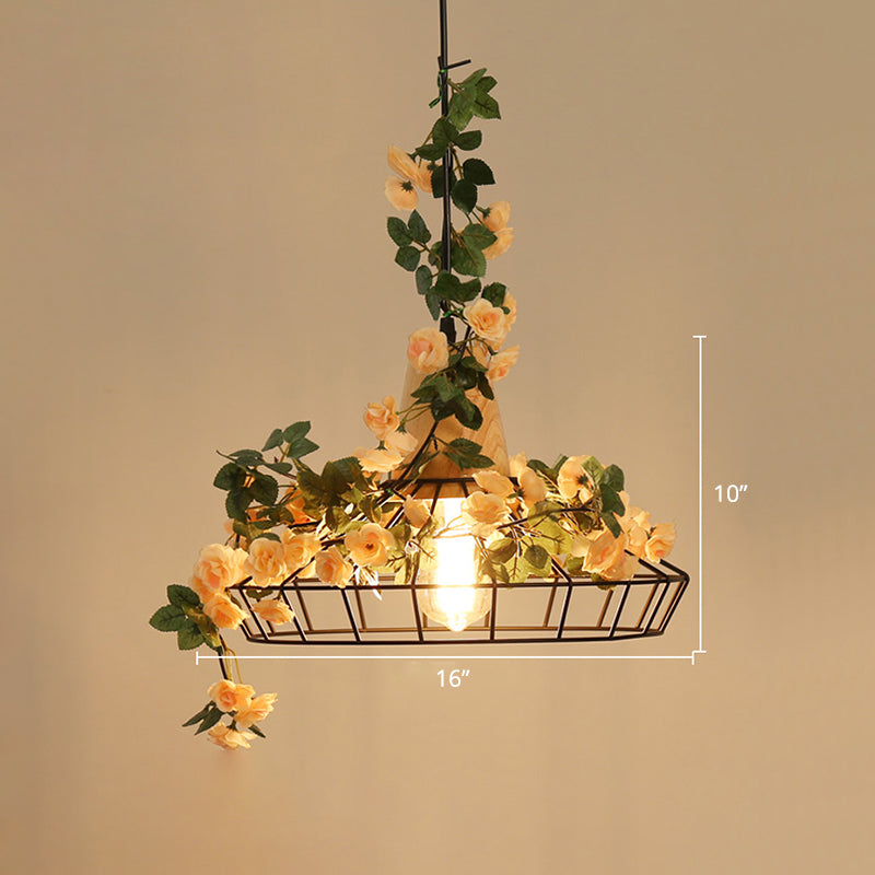 Vintage Caged Hanging Lamp 1-Light Iron Pendant With Artificial Orange Pink Rose
