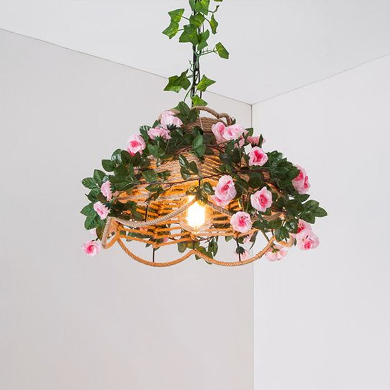 Suspension en corde de chanvre festonnée antique avec rose décorative verte - Idéal pour les restaurants - Luminaire suspendu à 1 lumière