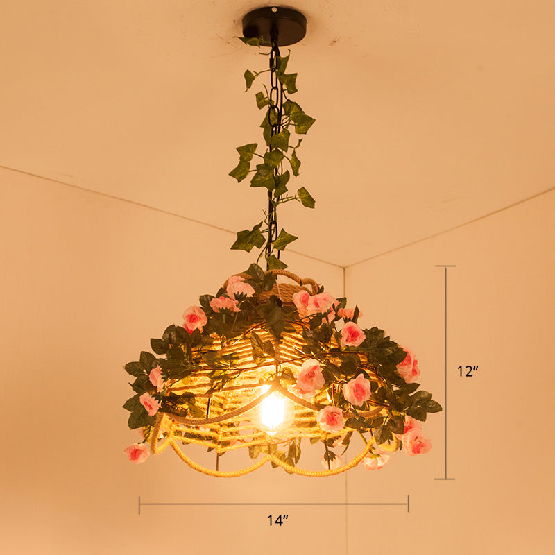 Suspension en corde de chanvre festonnée antique avec rose décorative verte - Idéal pour les restaurants - Luminaire suspendu à 1 lumière