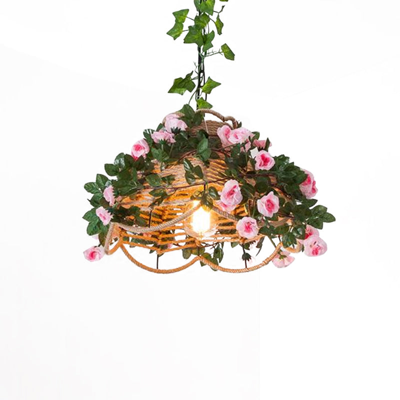 Suspension en corde de chanvre festonnée antique avec rose décorative verte - Idéal pour les restaurants - Luminaire suspendu à 1 lumière