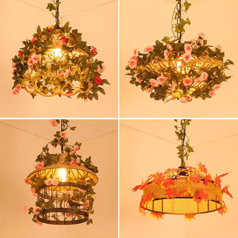 Suspension en corde de chanvre festonnée antique avec rose décorative verte - Idéal pour les restaurants - Luminaire suspendu à 1 lumière