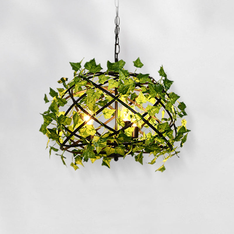 Suspension en métal rustique en forme de nid d'oiseau avec décor de lierre vert, 4 ampoules - Idéal pour les restaurants