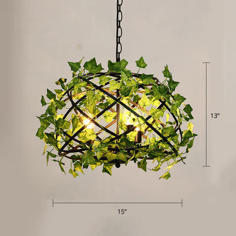 Suspension en métal rustique en forme de nid d'oiseau avec décor de lierre vert, 4 ampoules - Idéal pour les restaurants