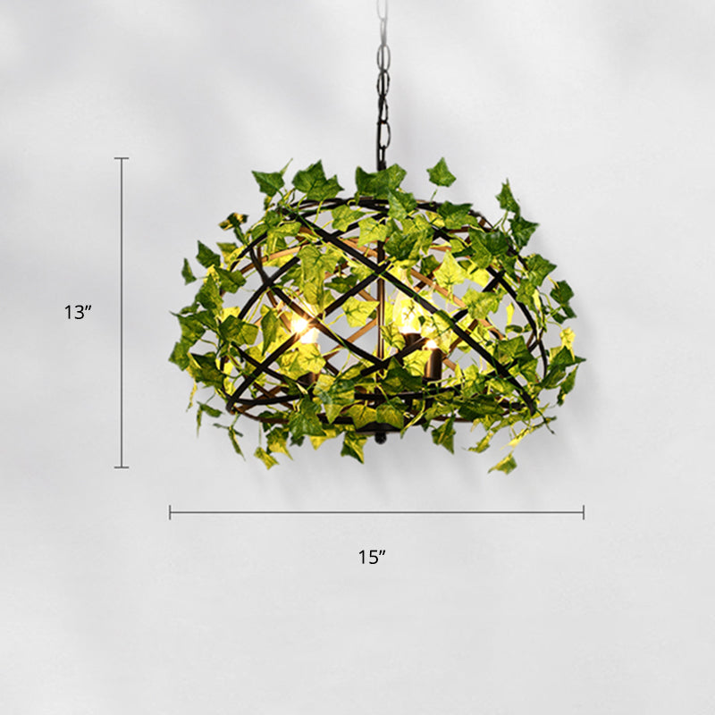 Suspension en métal rustique en forme de nid d'oiseau avec décor de lierre vert, 4 ampoules - Idéal pour les restaurants