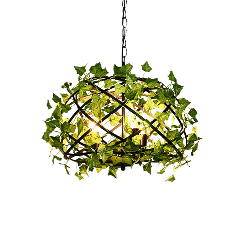 Suspension en métal rustique en forme de nid d'oiseau avec décor de lierre vert, 4 ampoules - Idéal pour les restaurants
