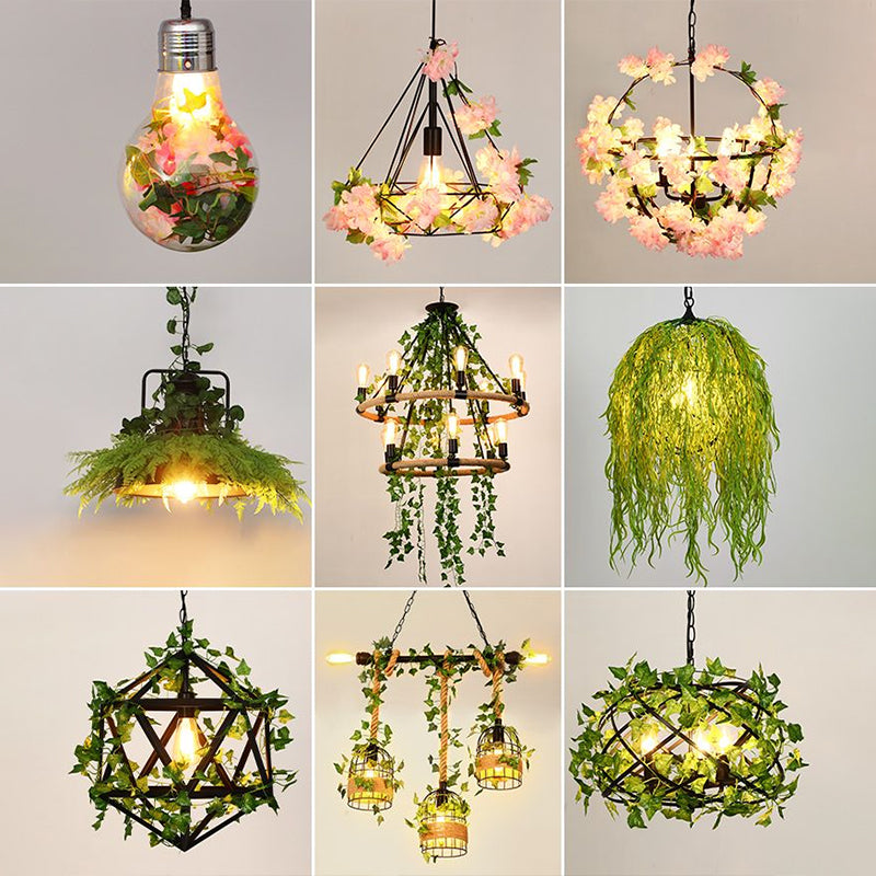 Suspension en métal rustique en forme de nid d'oiseau avec décor de lierre vert, 4 ampoules - Idéal pour les restaurants