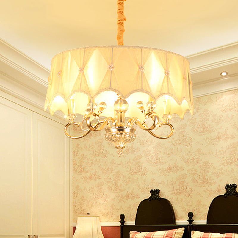 White Fabric Shaded 5-Light Round Chandelier featuring Crystal Stands - Traditional Ceiling Light