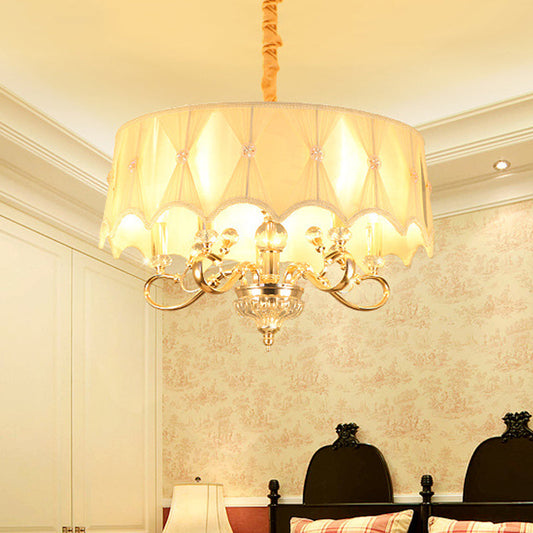 White Fabric Shaded 5-Light Round Chandelier featuring Crystal Stands - Traditional Ceiling Light