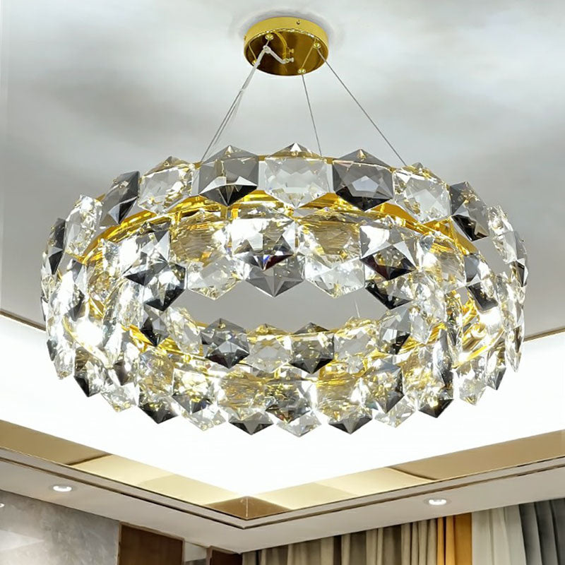 Lustre rond moderne en or avec suspension hexagonale en cristal – Parfait pour l'éclairage du salon