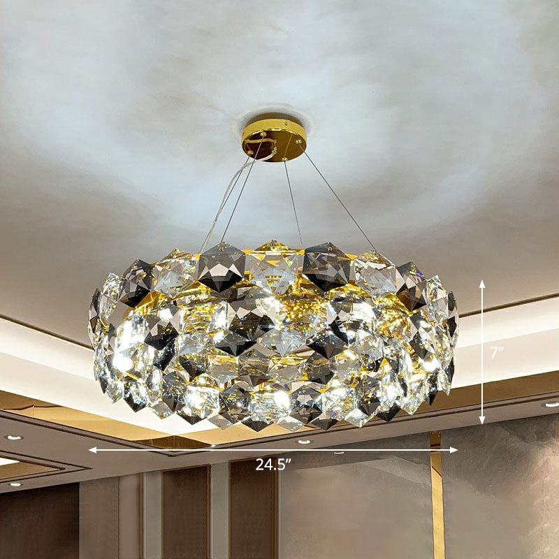 Lustre rond moderne en or avec suspension hexagonale en cristal – Parfait pour l'éclairage du salon