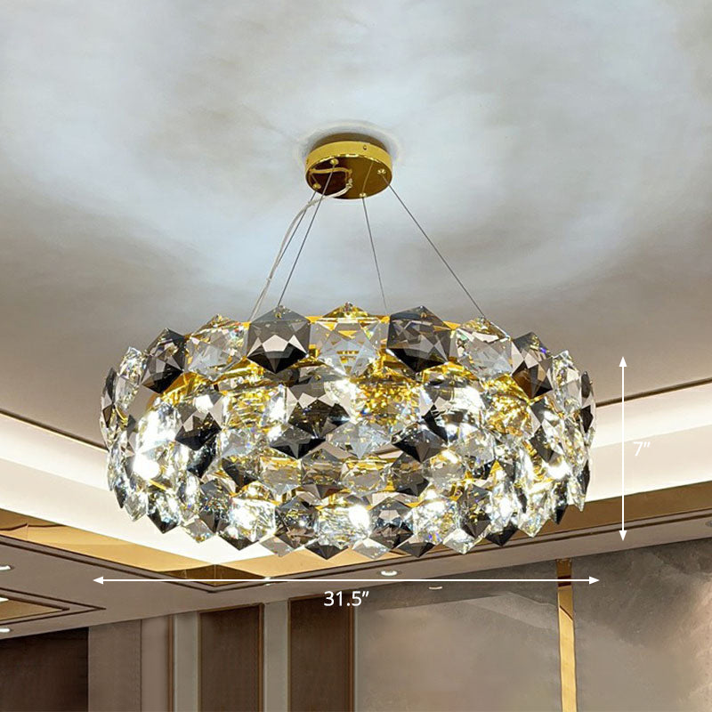 Lustre rond moderne en or avec suspension hexagonale en cristal – Parfait pour l'éclairage du salon