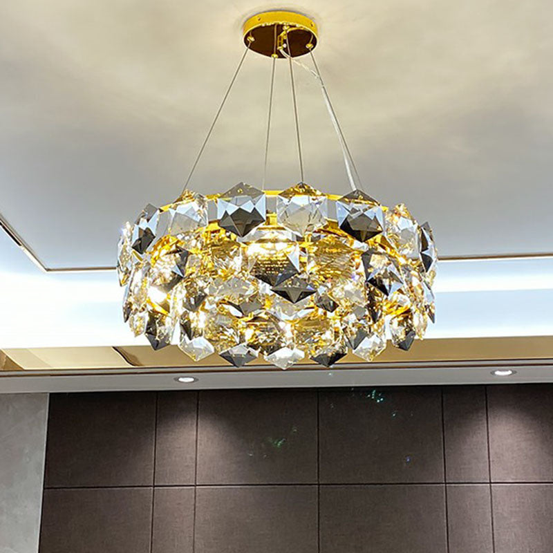Lustre rond moderne en or avec suspension hexagonale en cristal – Parfait pour l'éclairage du salon