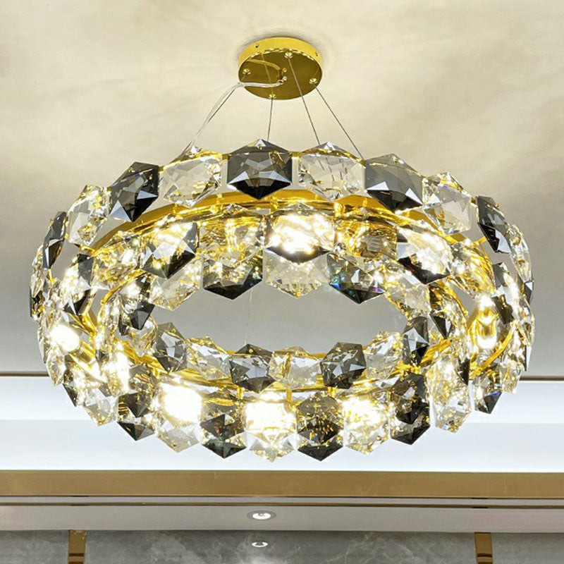 Lustre rond moderne en or avec suspension hexagonale en cristal – Parfait pour l'éclairage du salon