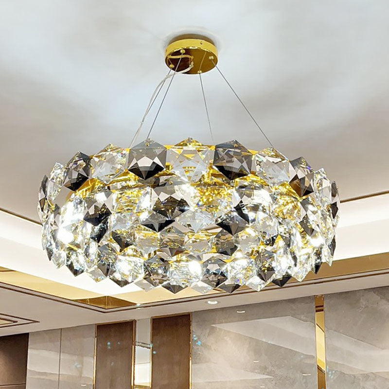 Lustre rond moderne en or avec suspension hexagonale en cristal – Parfait pour l'éclairage du salon