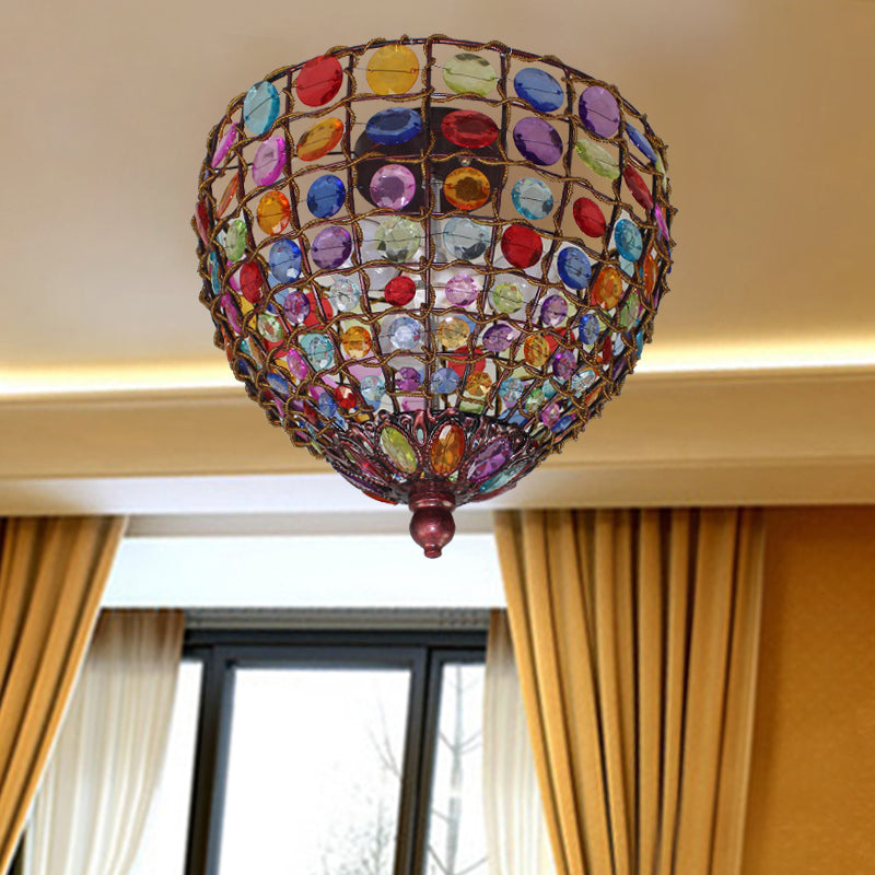 Bohemia Style Iron 3-Light Flush Mount Ceiling Fixture with Weathered Copper Finish and Glass Stands