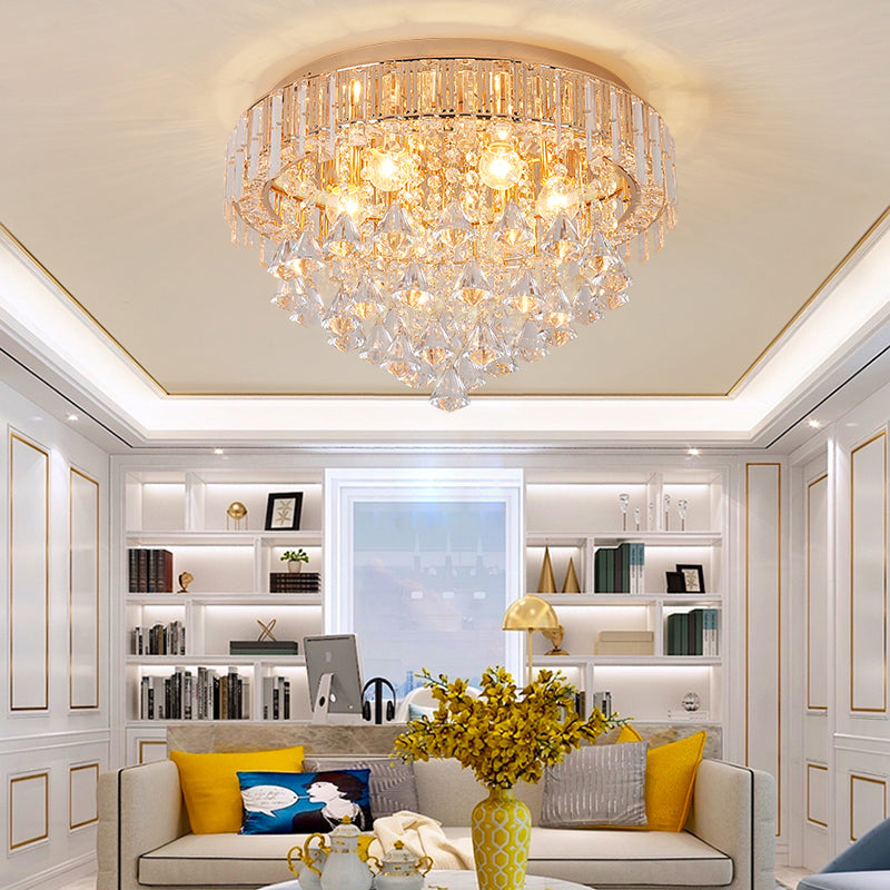 Contemporary Crystal Teardrops Flush Lamp - 5 Light Golden Ceiling Fixture for Living Room