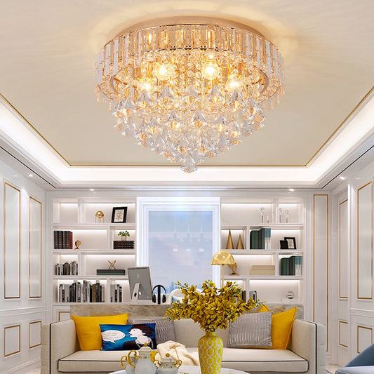 Contemporary Crystal Teardrops Flush Lamp - 5 Light Golden Ceiling Fixture for Living Room