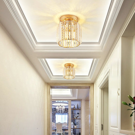 Cylindrical Crystal Mini Flush Lamp - Elegant 1-Light Golden Corridor Ceiling Mounted Light, 7" Wide