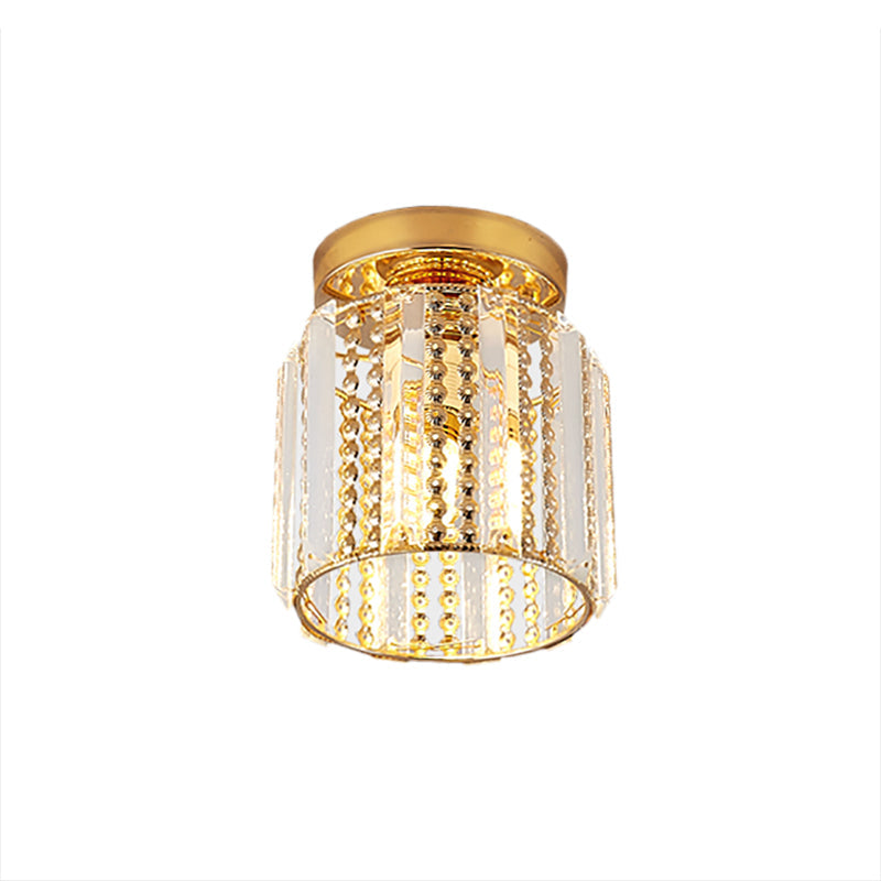 Cylindrical Crystal Mini Flush Lamp - Elegant 1-Light Golden Corridor Ceiling Mounted Light, 7" Wide