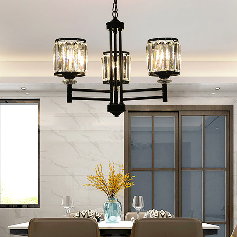 Retro Cylindrical Chandelier Pendant Light - Black Finish, Crystal Accent, Adjustable Chain - 3/6/8 Lights