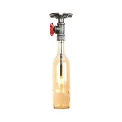 Vintage Indoor Ceiling Mounted Fixture: 1-Light Semi-Mount with Wine Bottle Glass Shade & Valve in Grey/Brown