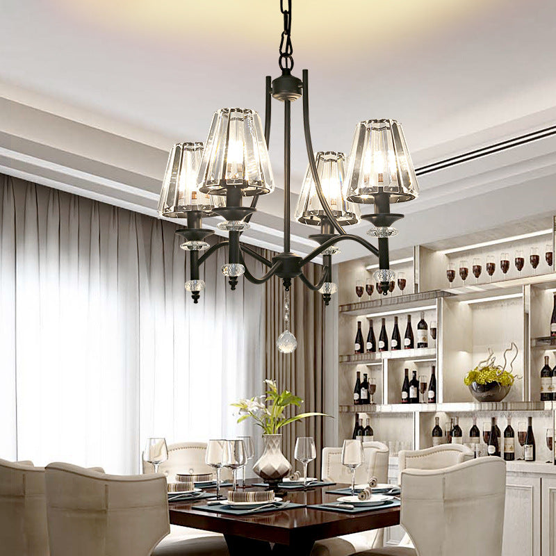 Contemporary Crystal Chandelier Pendant Light Kit - Tapered Design, Adjustable Chain - 4/6/8 Lights, Black Shade