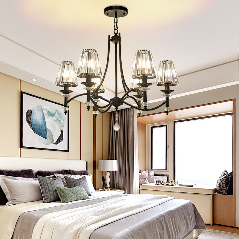 Contemporary Crystal Chandelier Pendant Light Kit - Tapered Design, Adjustable Chain - 4/6/8 Lights, Black Shade