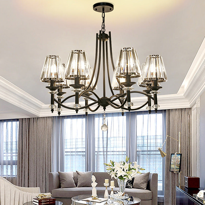 Contemporary Crystal Chandelier Pendant Light Kit - Tapered Design, Adjustable Chain - 4/6/8 Lights, Black Shade