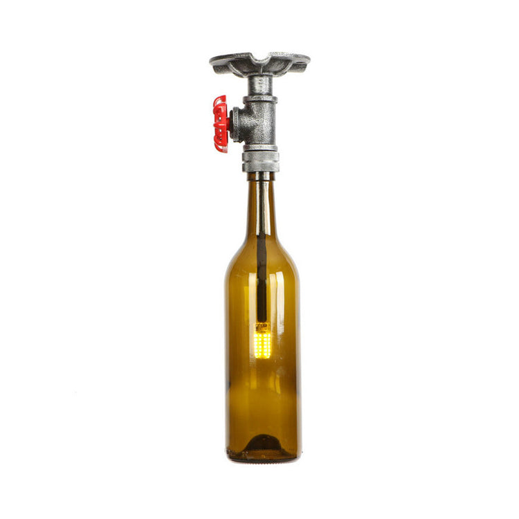 Vintage Indoor Ceiling Mounted Fixture: 1-Light Semi-Mount with Wine Bottle Glass Shade & Valve in Grey/Brown
