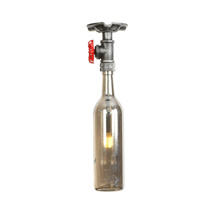 Vintage Indoor Ceiling Mounted Fixture: 1-Light Semi-Mount with Wine Bottle Glass Shade & Valve in Grey/Brown