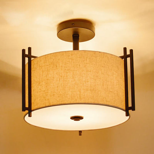Traditional Flaxen Fabric Drum Ceiling Mount Light for Living Room