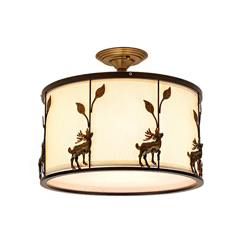Traditional White Drum Fabric Semi Flush Ceiling Light Fixture - 3 Lights, Living Room