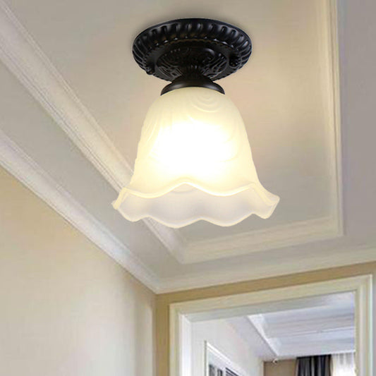 Flared Classical White Glass Flush Mount Lamp with Black Ceiling Lighting - 1 Light