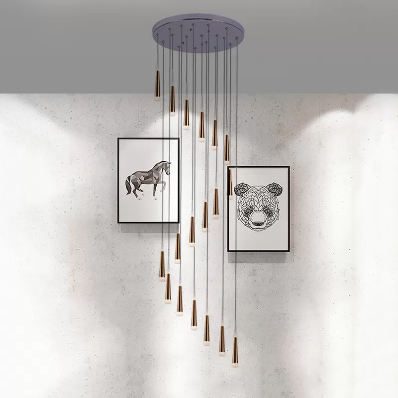 Spiral Design Gold Cone Pendant Light Fixture with 19 Minimalist Acrylic Bulbs - Stair Multi Lamp
