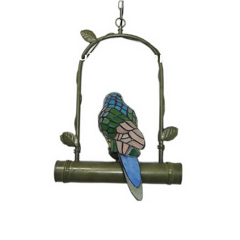 Vintage Parrot Stained Glass Pendant Light For Living Room - Single Chandelier Green